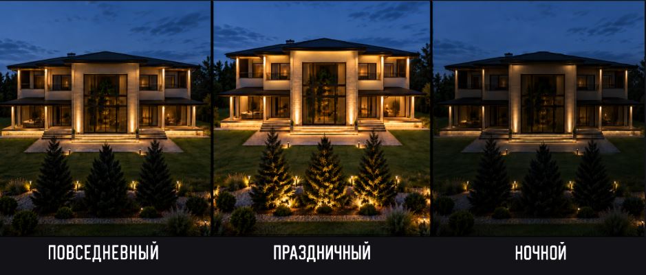 Повседневный, праздничный и ночной сценарии архитектурной подсветки загородного дома
