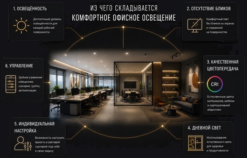 Комфортное офисное освещение должно обеспечивать достаточный уровень освещённости, отсутствие бликов, качественную цветопередачу, использование дневного света, удобное управление и индивидуальную настройку