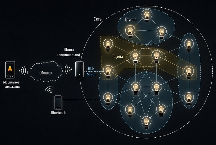 Беспроводная mesh-сеть Casambi. Устройства внутри сети обмениваются данными непосредственно друг с другом, поэтому для обычной работы системы не требуется центральный контроллер и постоянное подключение к интернету.