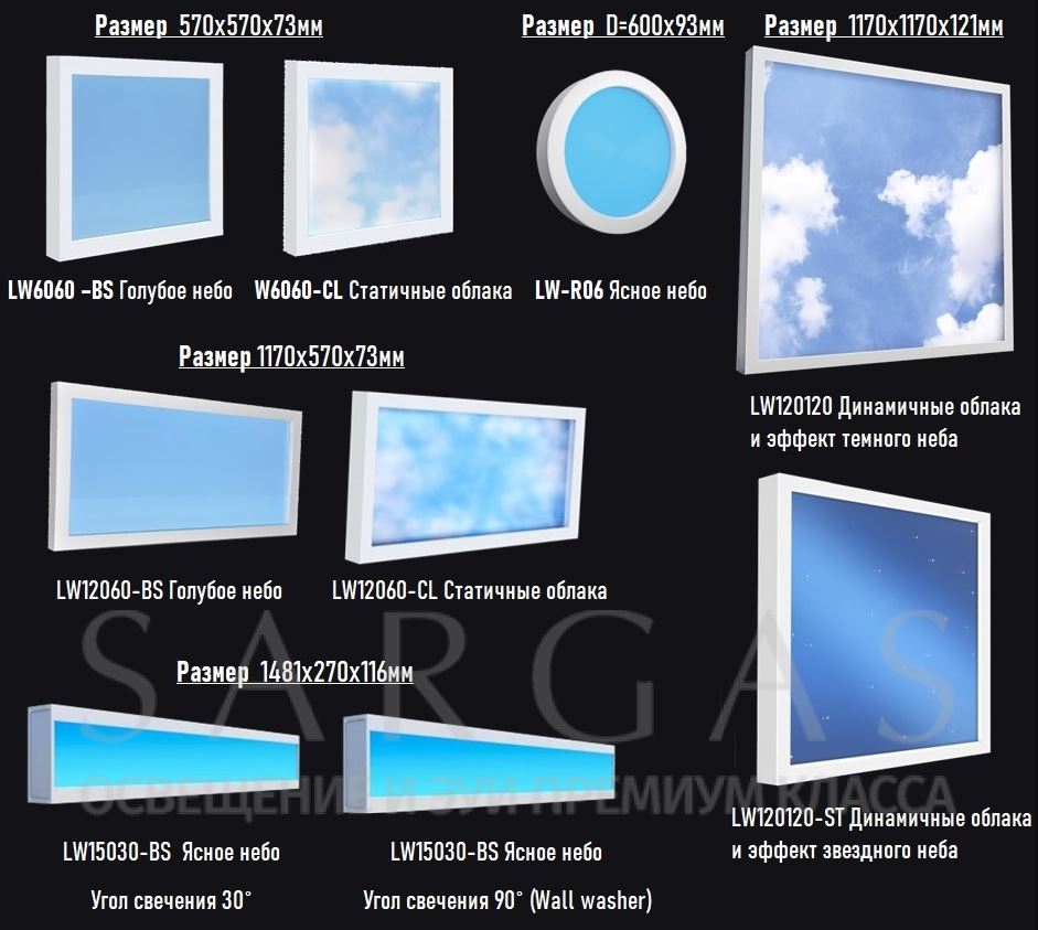 Размеры светильников - окон LED WINDOW
