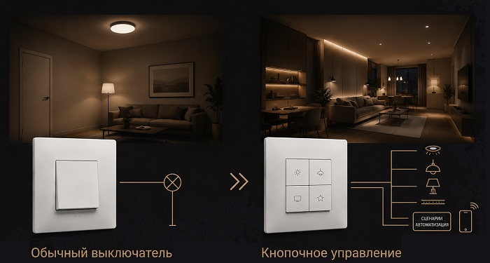Для простой схемы достаточно обычного выключателя. Для красивого функционального света, сценариев и автоматизации удобнее кнопочное управление